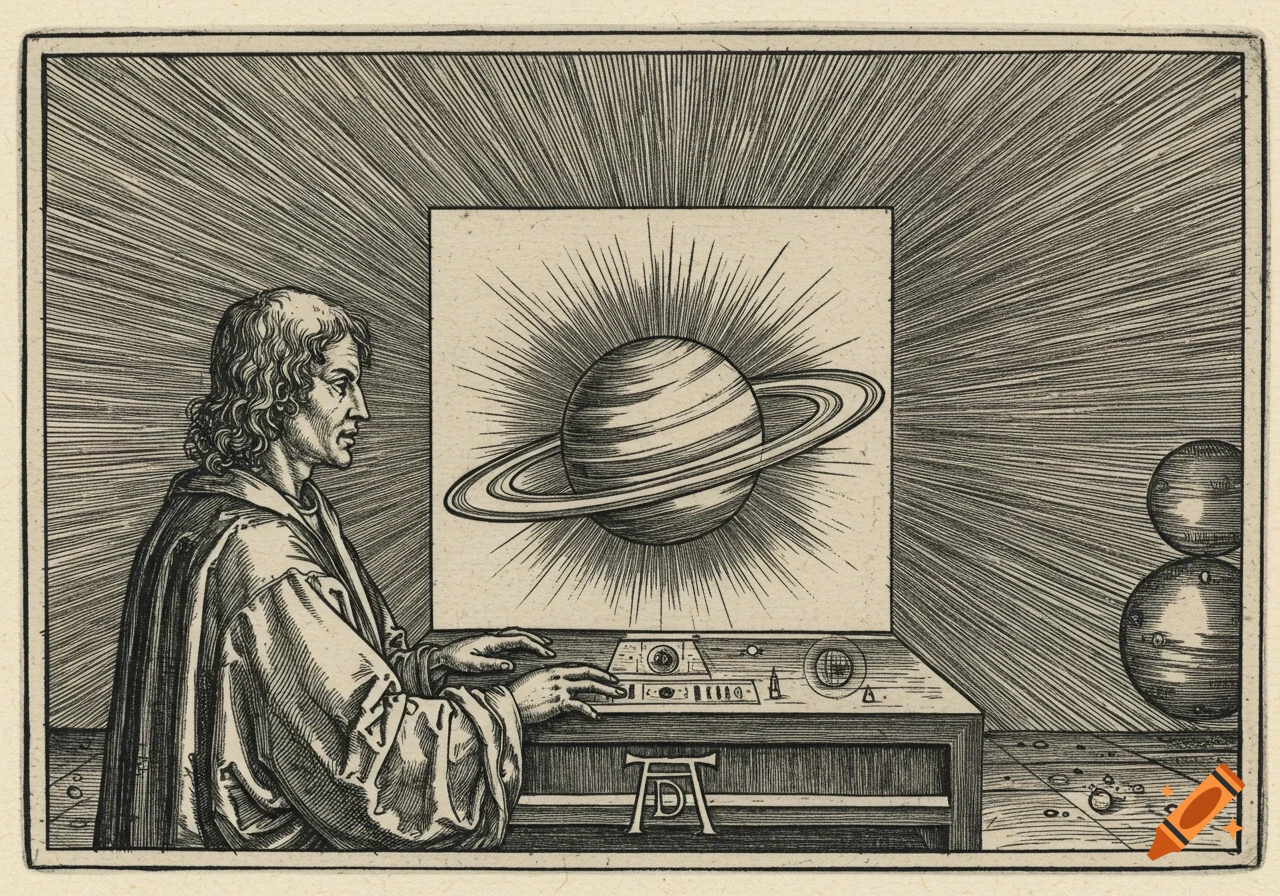 Woodcut-style engraving of a man gazing at a large depiction of Saturn, with radiating lines and planets in the background.