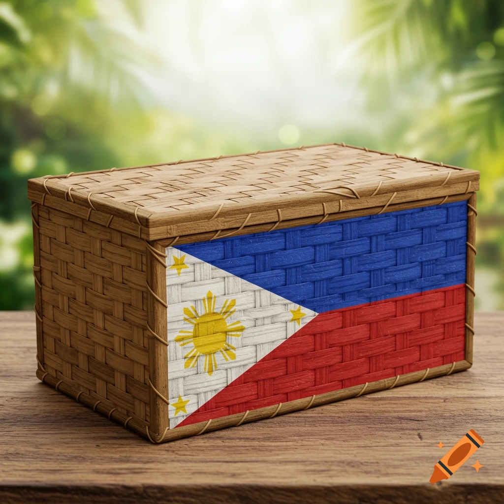 A bamboo box is decorated with the Philippine flag and sits on a wooden table with a blurry green background.