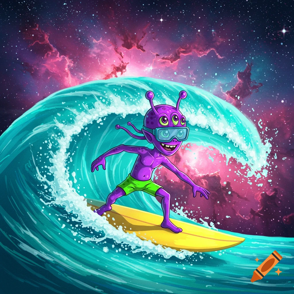 A purple alien surfs a large wave in space with a pink nebula background