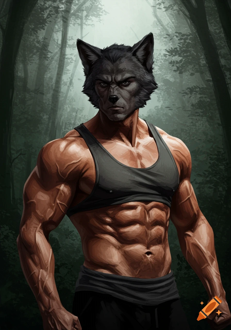 Muscular person with a wolf head wearing a tank top stands in a forest.