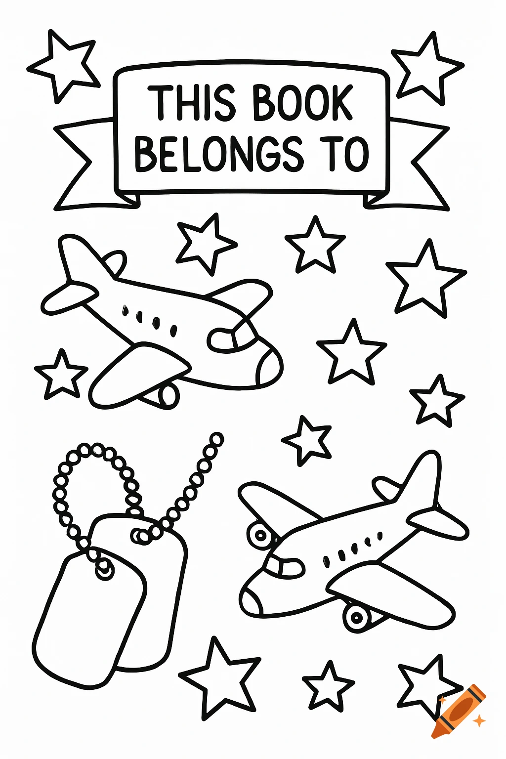 Coloring page with airplanes, stars, dog tags, and a banner that says 'This Book Belongs To', simple line art