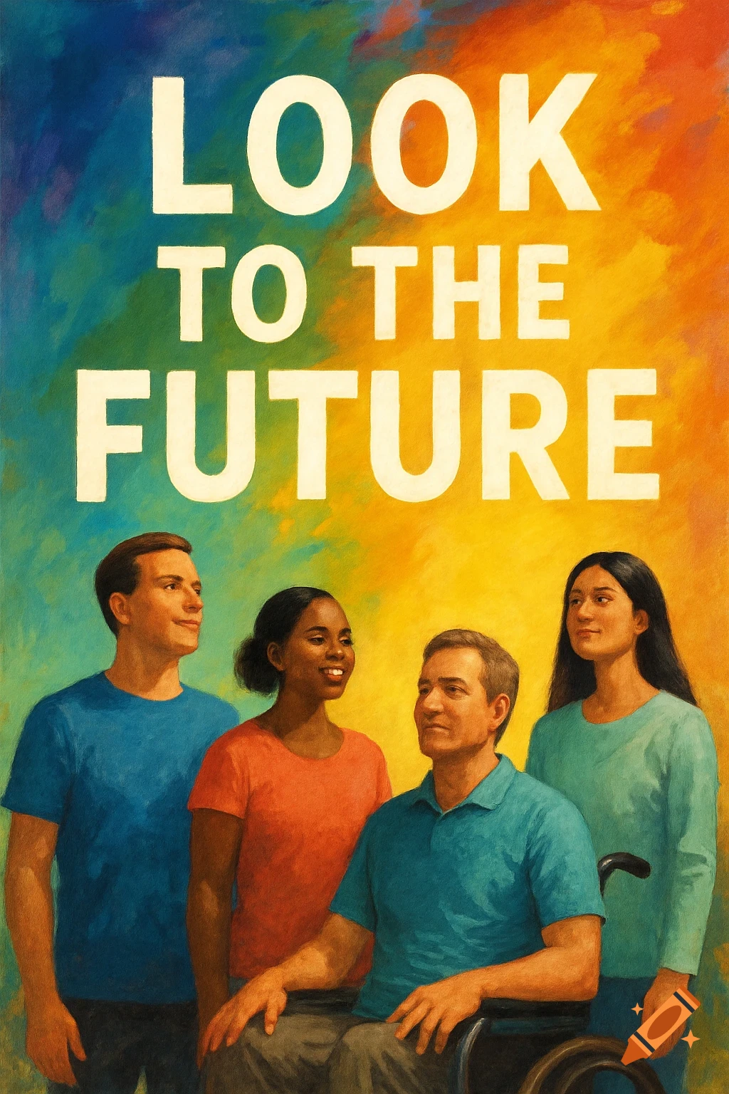 Four diverse people beneath the words LOOK TO THE FUTURE in a colorful, painterly style.