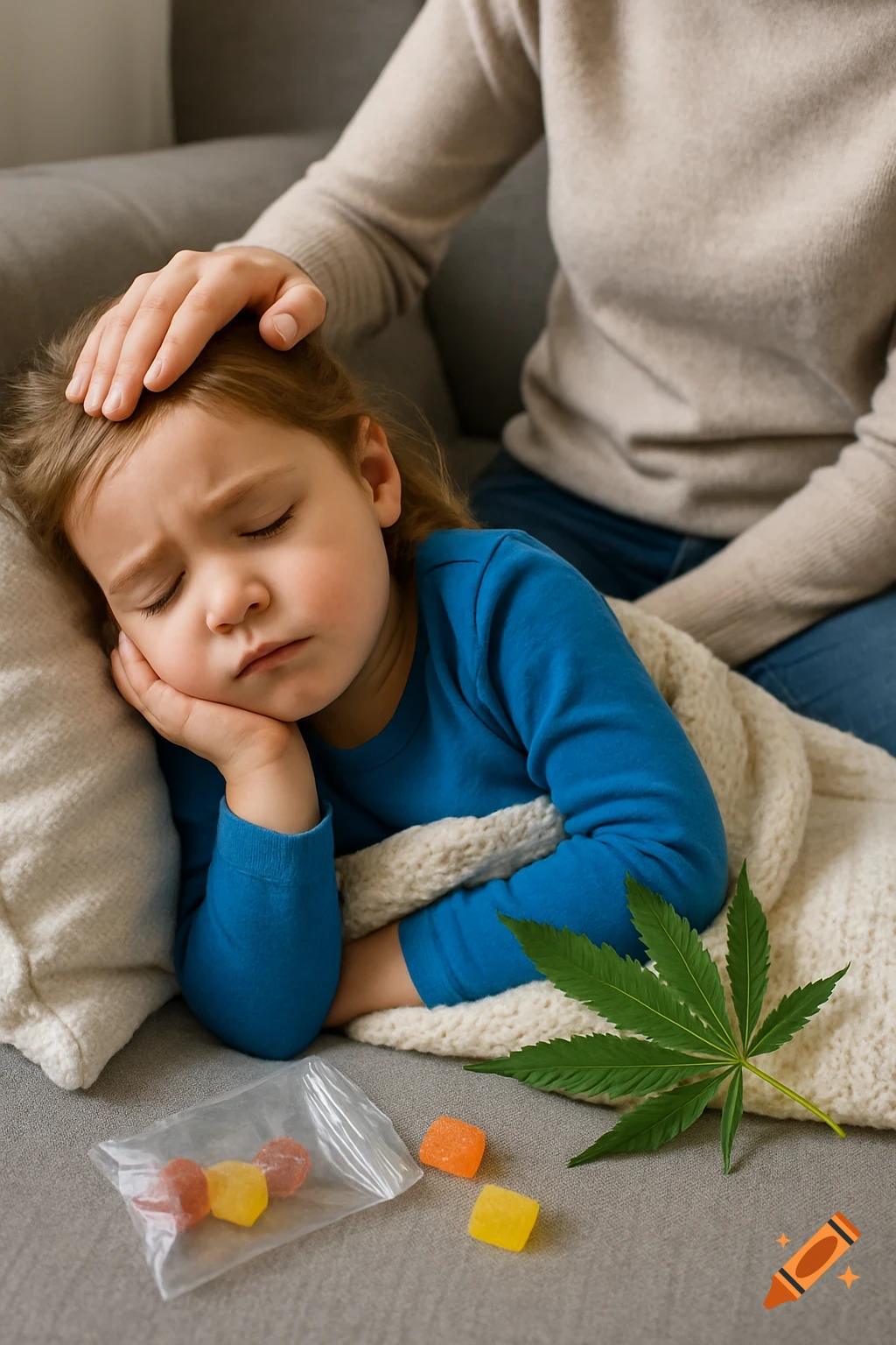 Adult hand on a child's forehead, with gummies and a cannabis leaf nearby on a couch, photorealistic
