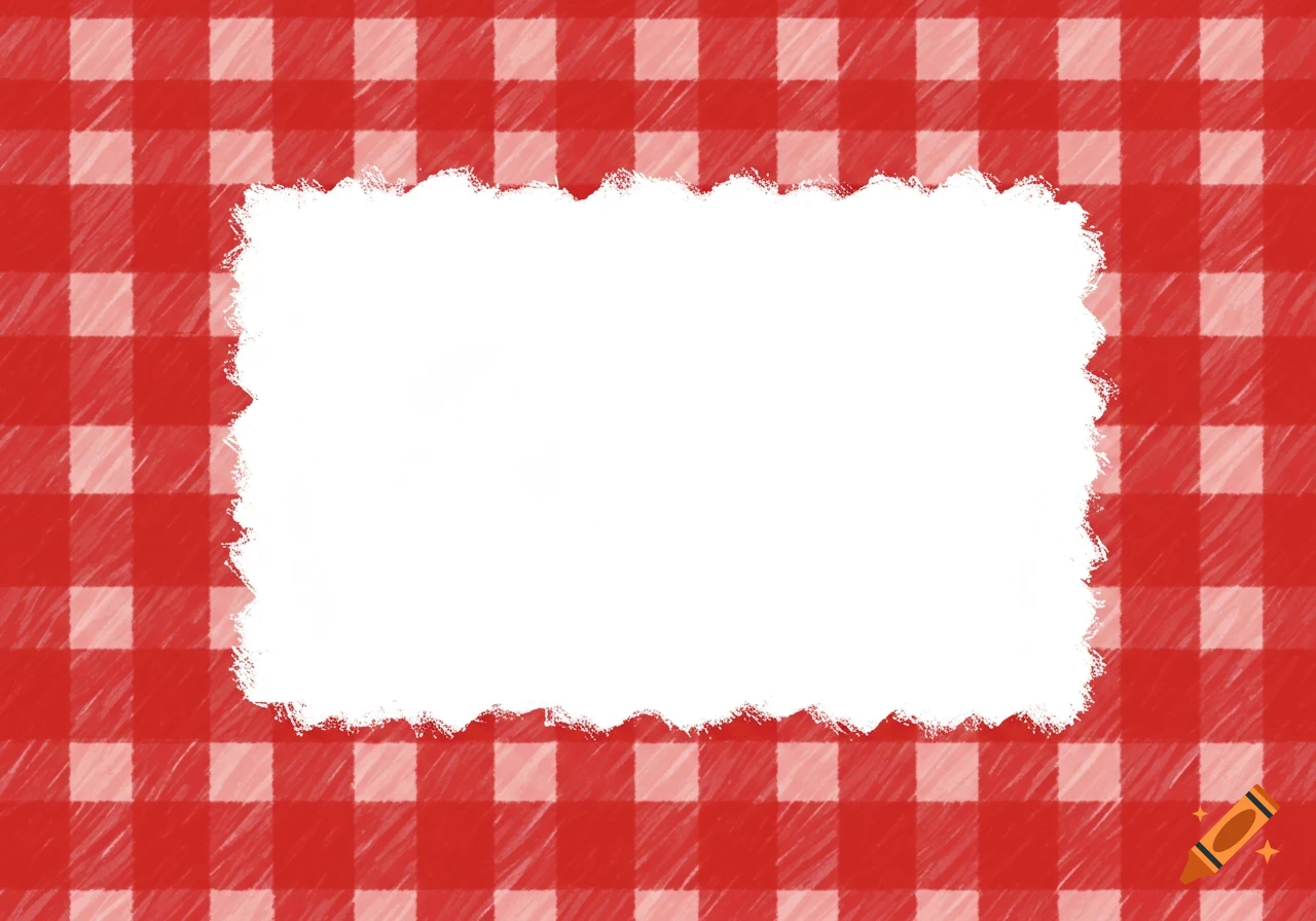A red and white checkered pattern background with a white frame in the center that has rough edges.