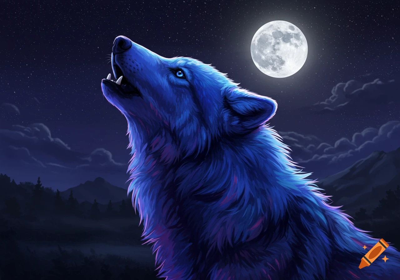 A blue wolf howls up at a large full moon under a star-filled night sky. Stylized art.