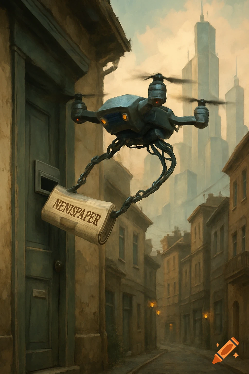 A drone delivering a newspaper to a building on a city street in a stylized painting.