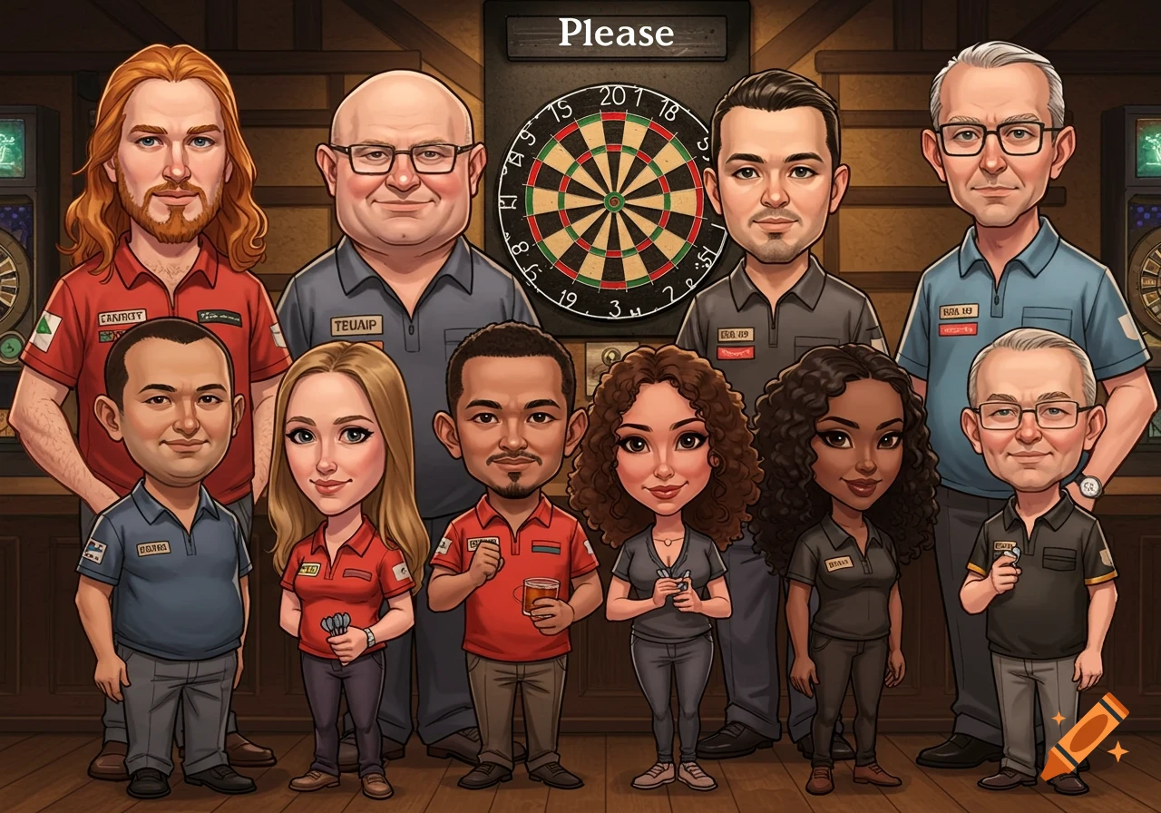 Caricature drawing of a dart team standing together in a tavern with a dartboard behind them.