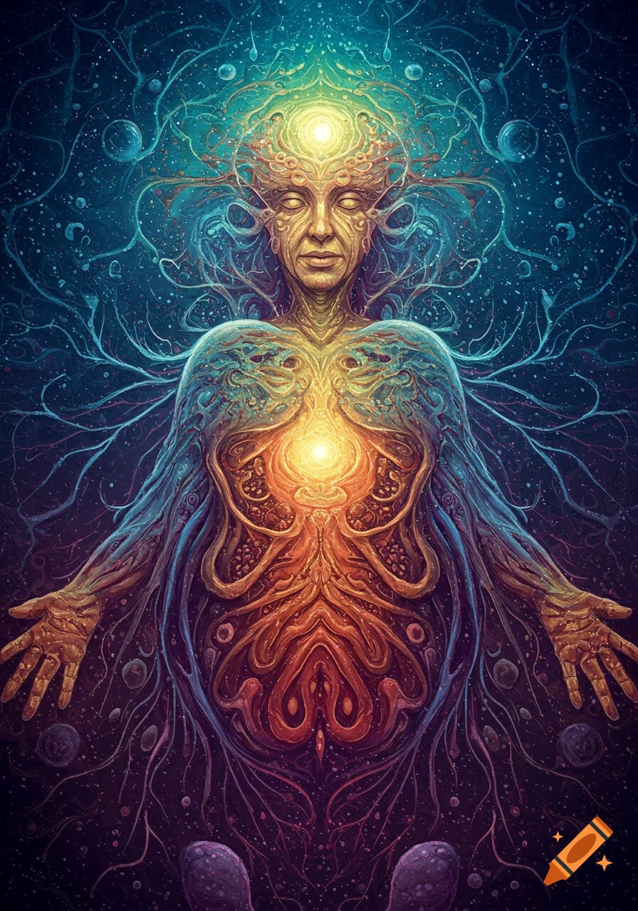 A vibrant, abstract illustration of a cosmic figure with glowing energy emanating from the head and chest, surrounded by swirling patterns.