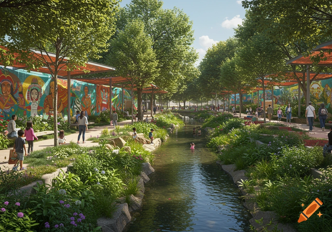 A vibrant urban creek park featuring a stream, lush greenery, people walking, and colorful murals along covered walkways.