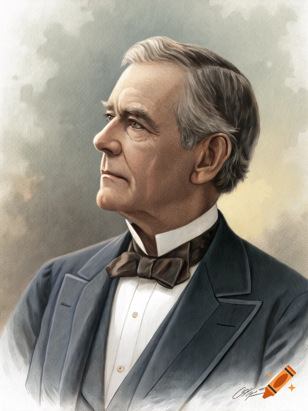 Portrait illustration of an older man in a suit and bow tie, looking left.