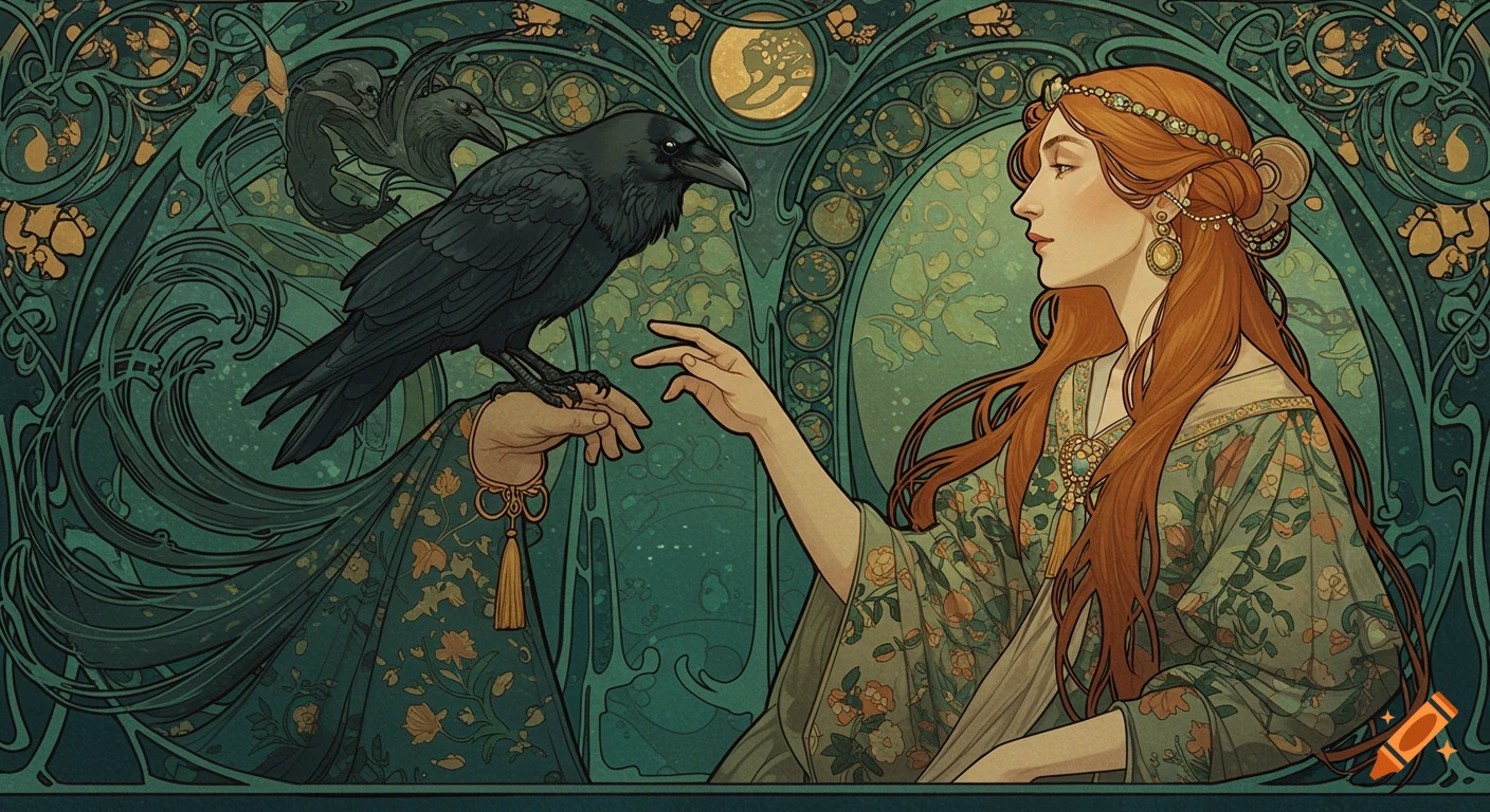 Woman and raven in Art Nouveau style.