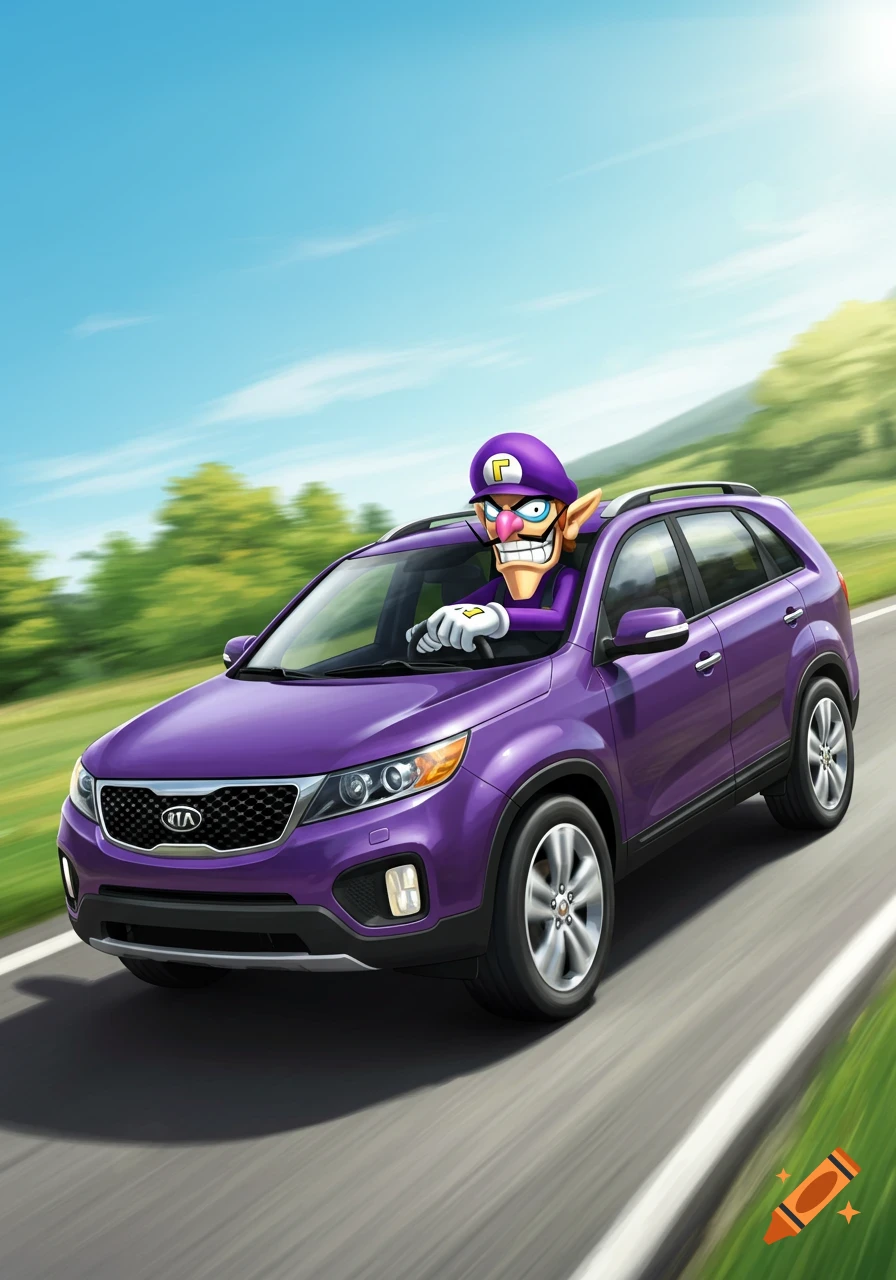 Waluigi drives a purple Kia Sorento SUV down a road