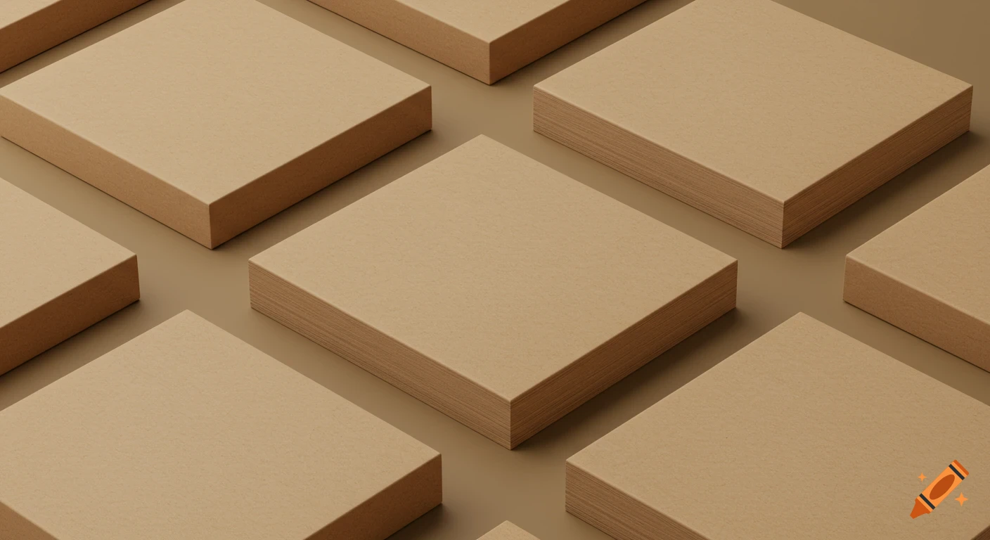 Stacks of square kraft paper arranged diagonally on a tan background.