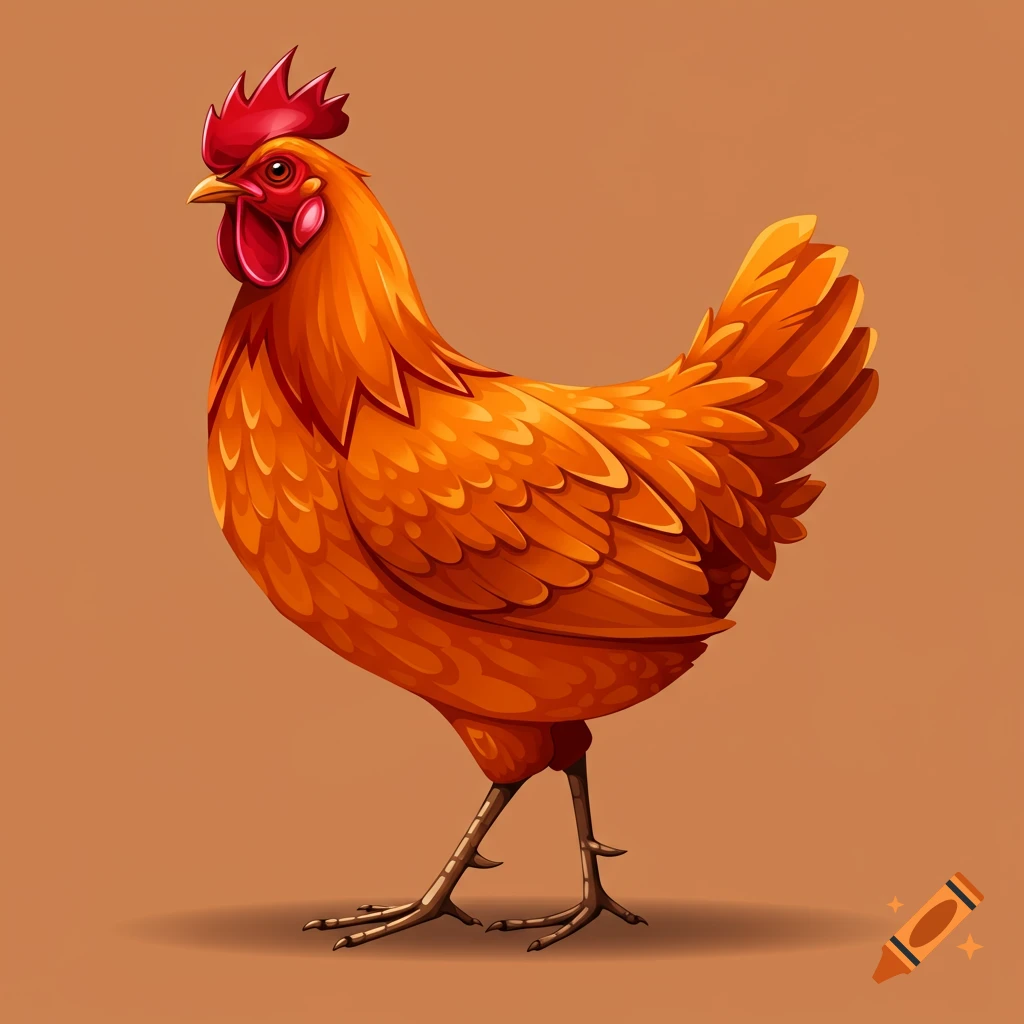 An orange chicken illustration with a red comb and wattle standing on a brown background.