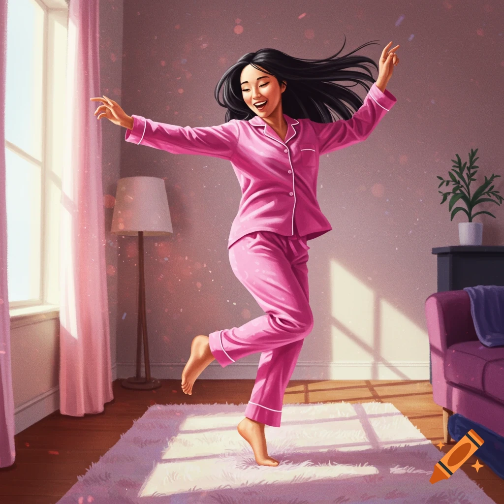 A young woman in pink pajamas dances happily in a sunlit room.