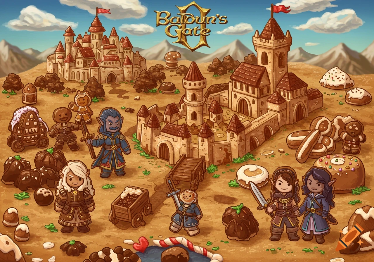 Cartoon fantasy scene in a land of cookies and sweets with video game characters.