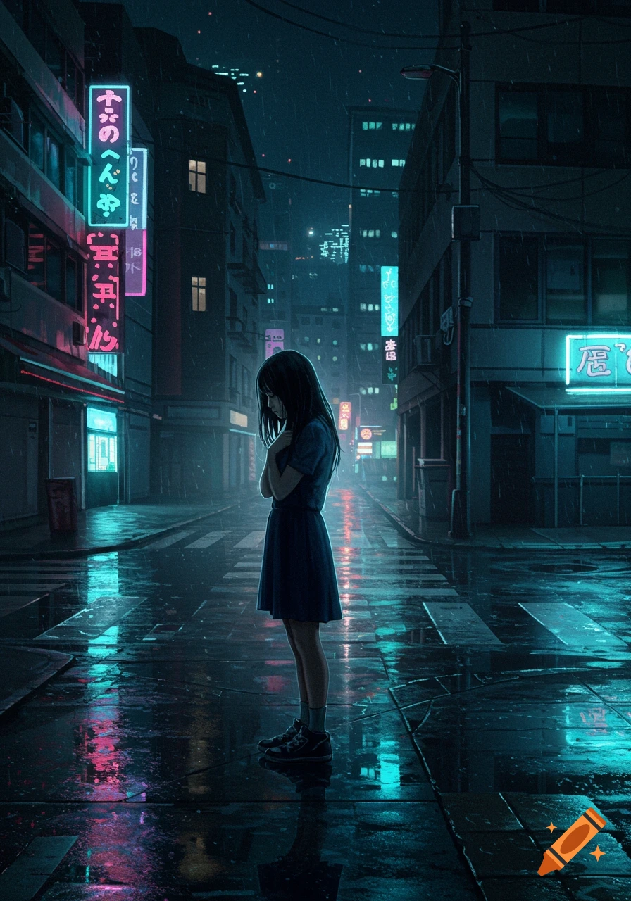 A girl stands alone in a rainy city street at night under neon signs.