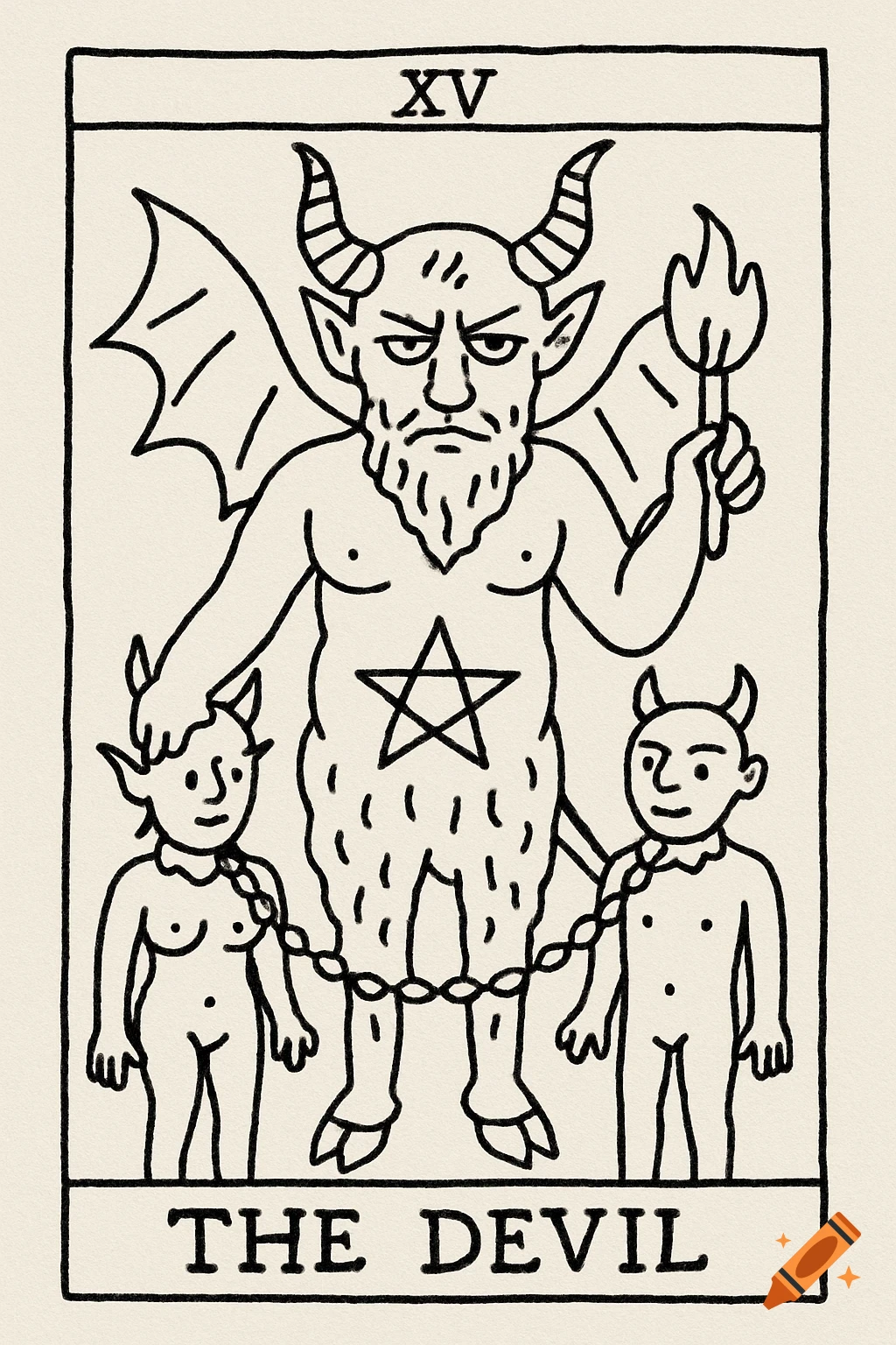 Simple line art drawing of The Devil tarot card.
