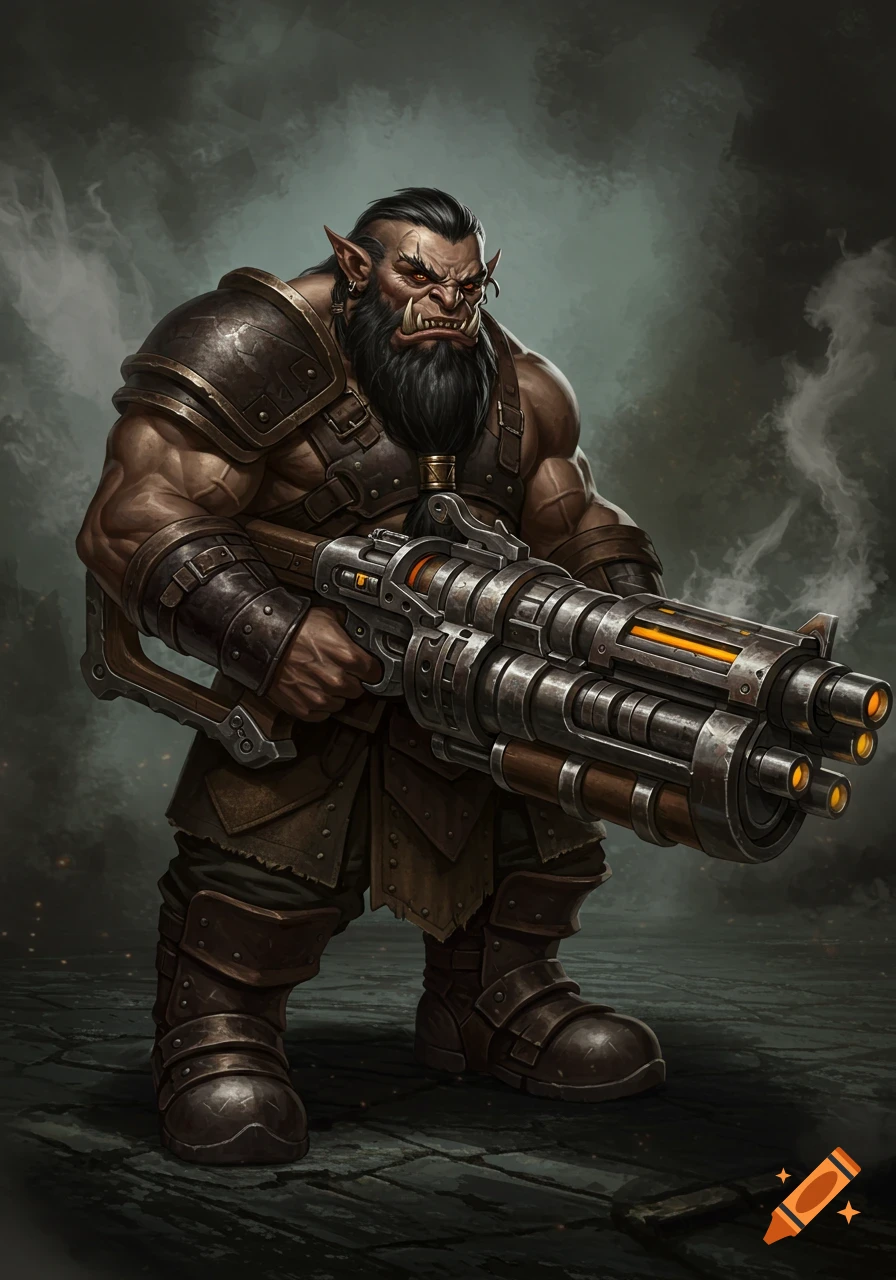 A fantasy half-orc, half-dwarf character stands holding a large gun in a dark setting.