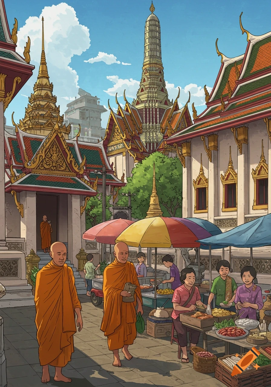 Illustrated market scene with monks and vendors in front of ornate Thai temples.