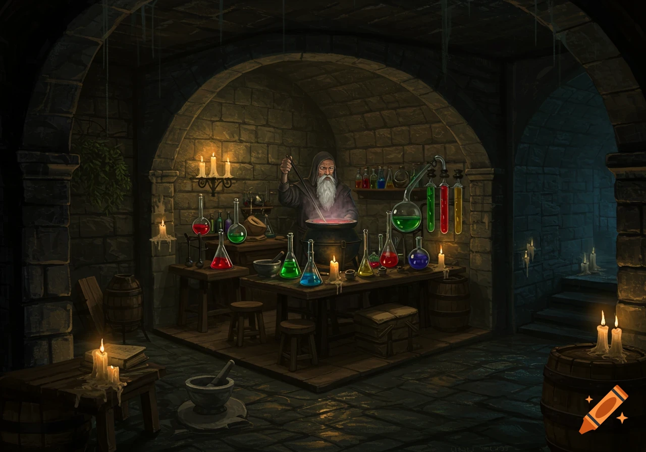 A wizard works in a dimly lit alchemy lab within a dark dungeon, surrounded by bubbling beakers and candles.