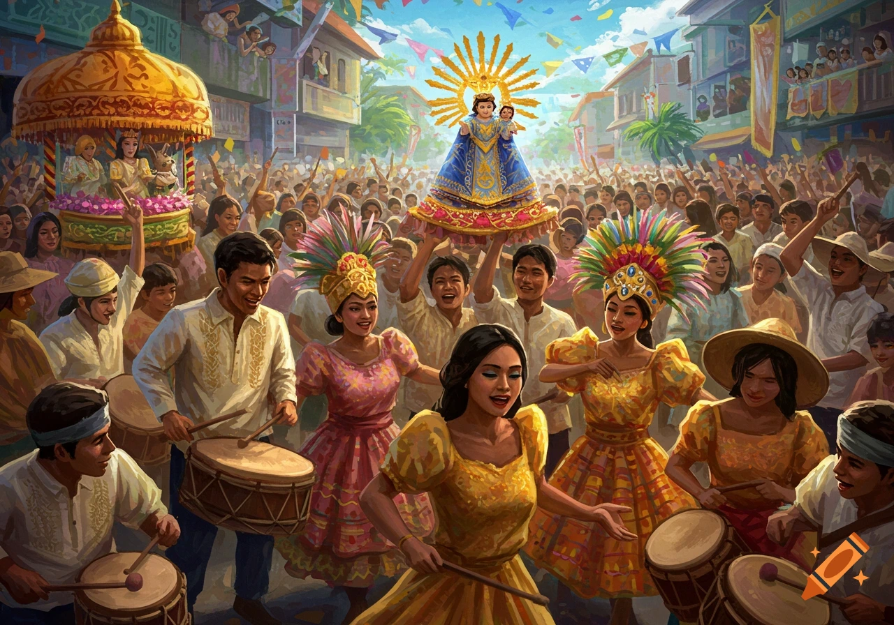 Crowded street festival scene with people cheering, drumming, and carrying a religious statue.