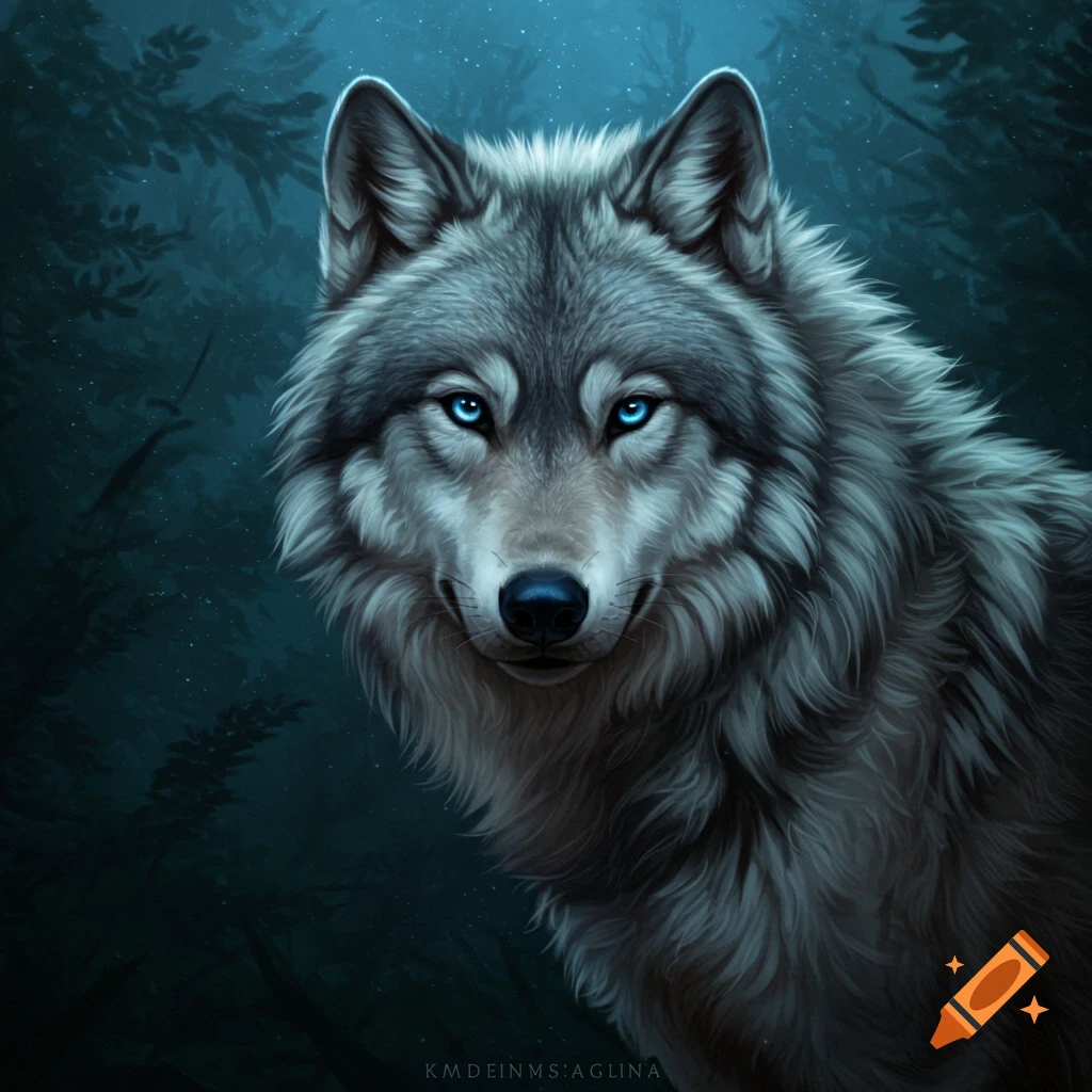 Digital painting of a grey wolf with striking blue eyes in a dark forest.