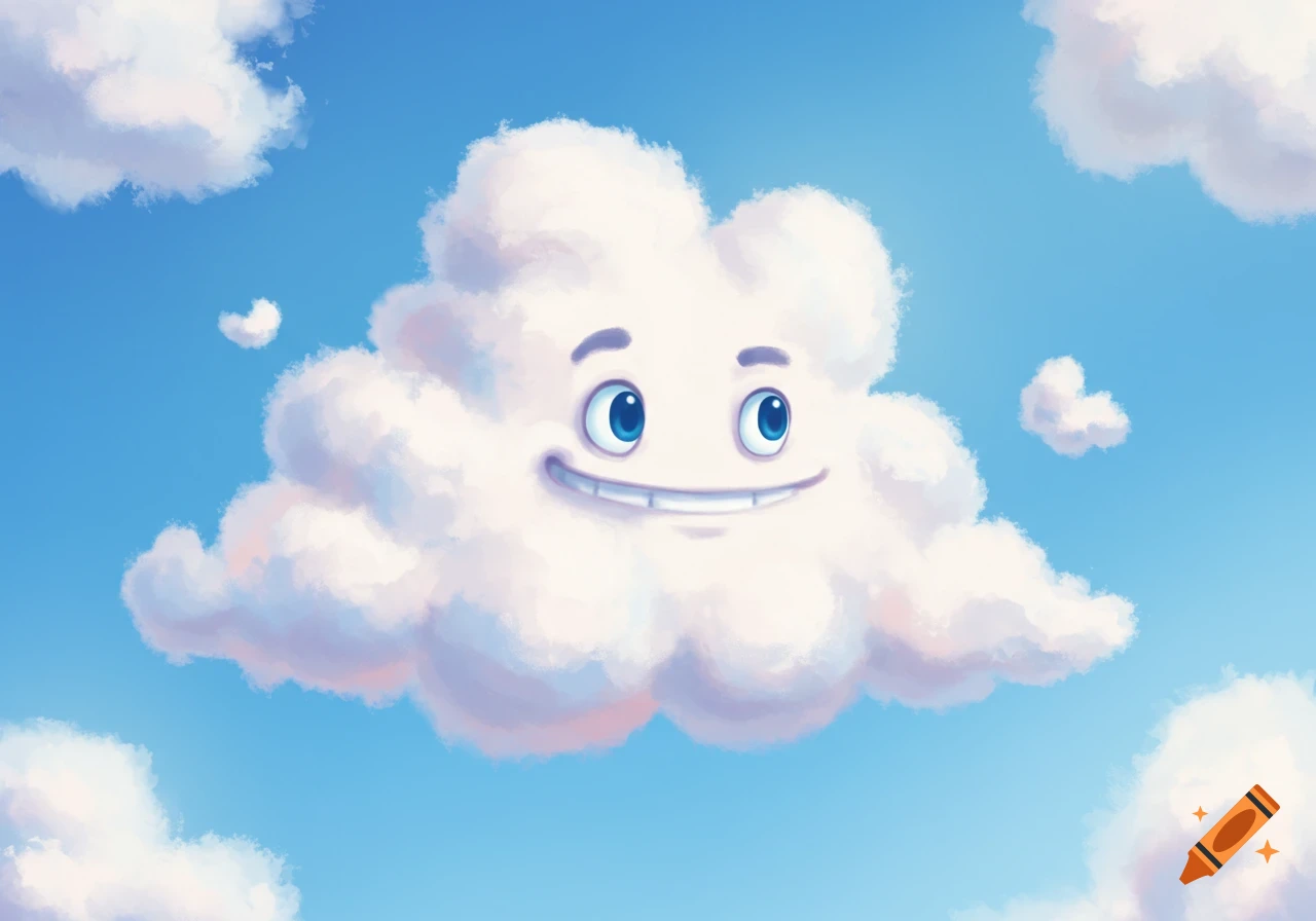 Illustration of a smiling cartoon cloud character floating in a bright blue sky with other clouds.