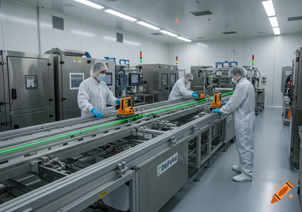 Workers in cleanroom suits use laser tools to check elevation on a manufacturing track system.