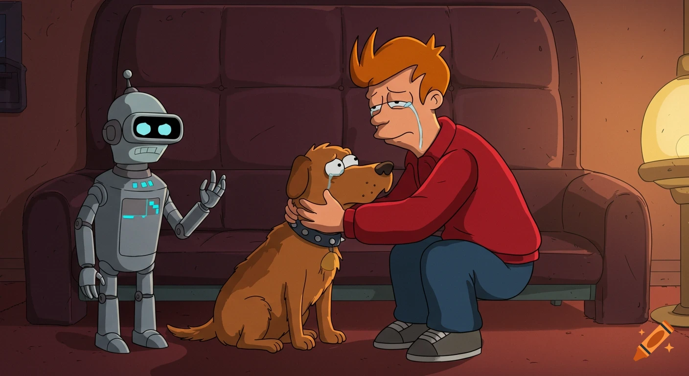 Animated scene of Fry crying and petting Seymour the dog while B2EMO the robot stands nearby.