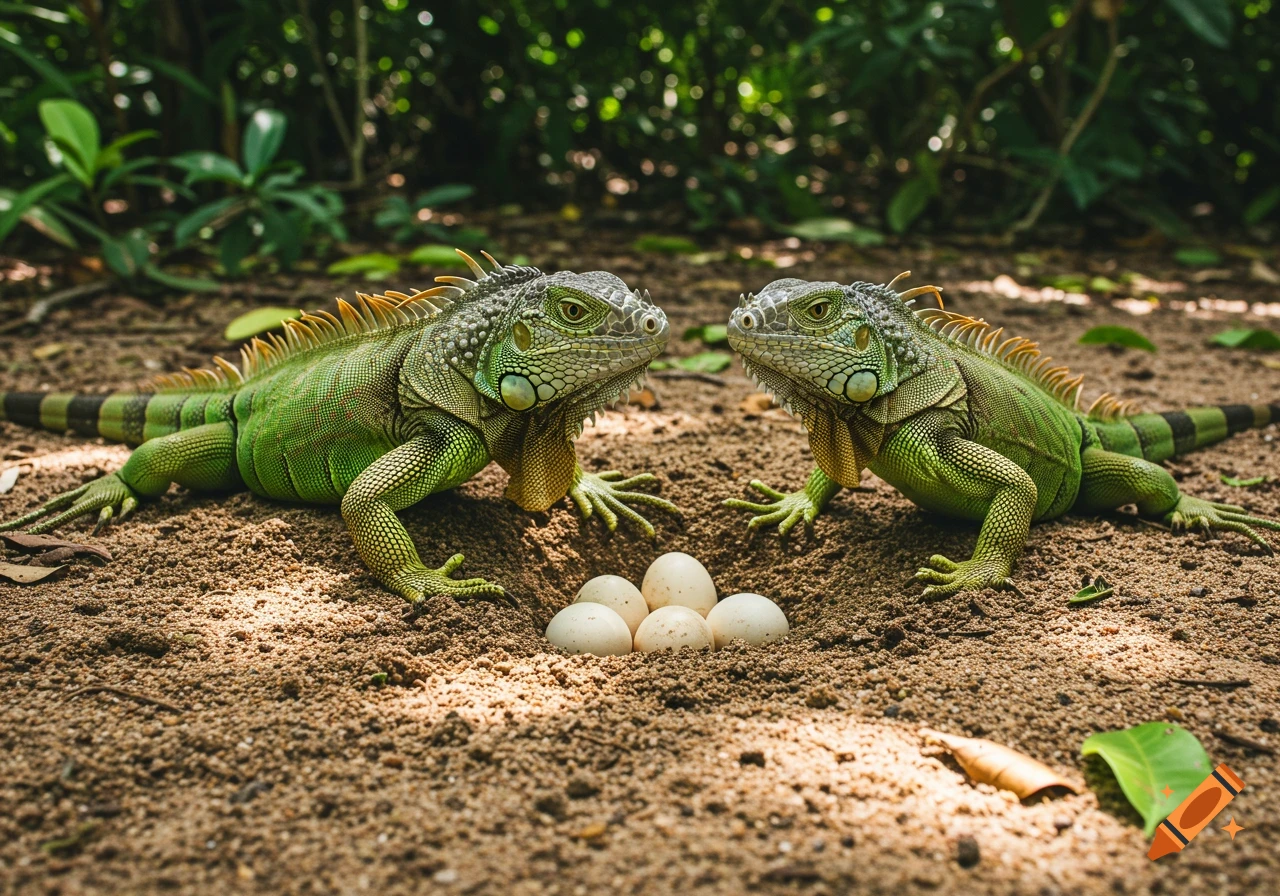 Two green iguanas guard white eggs in a burrow on the ground in a forest.