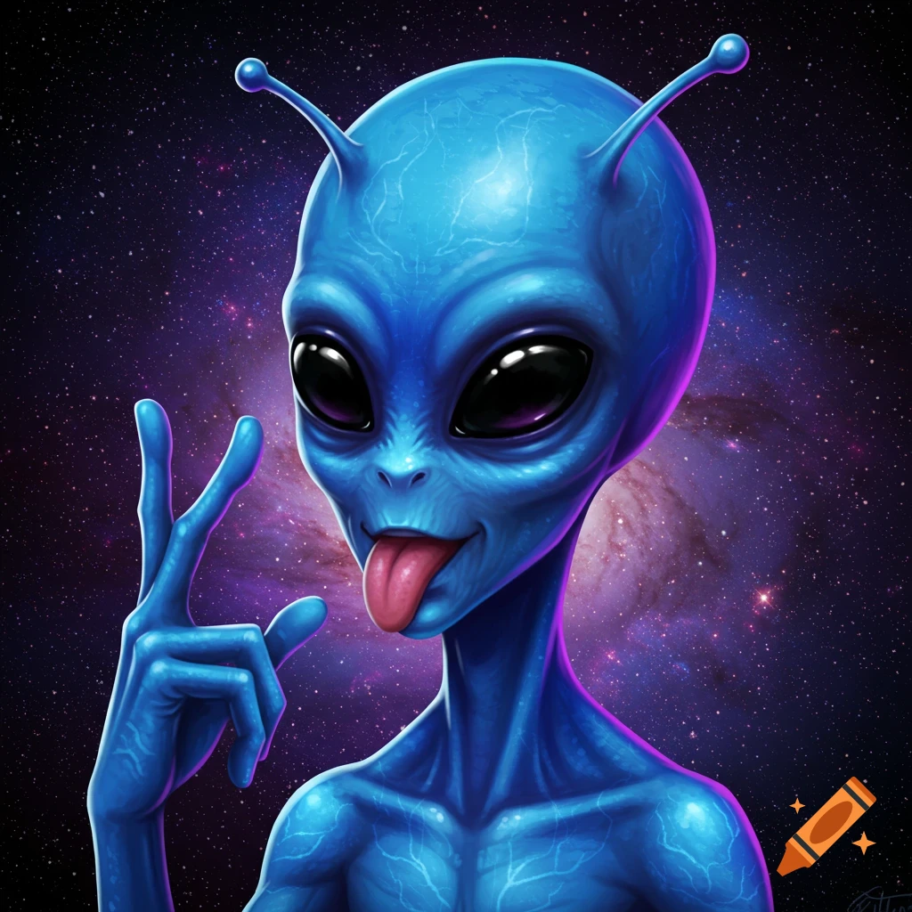 Blue alien sticking out tongue and making peace sign against a starry space background, illustration.