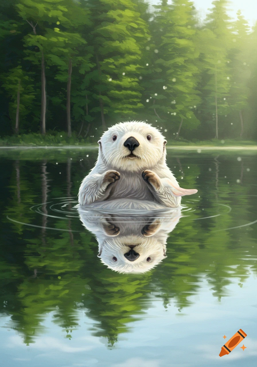A white otter floats upright in a lake, reflected in the water, with a forest background.