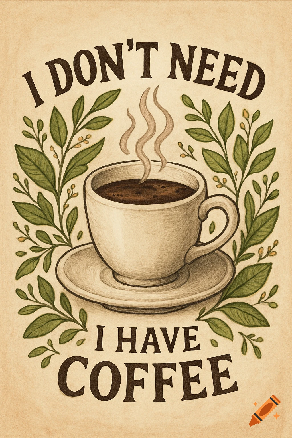 Illustration of a coffee cup surrounded by greenery with the text 'I DON'T NEED I HAVE COFFEE'.