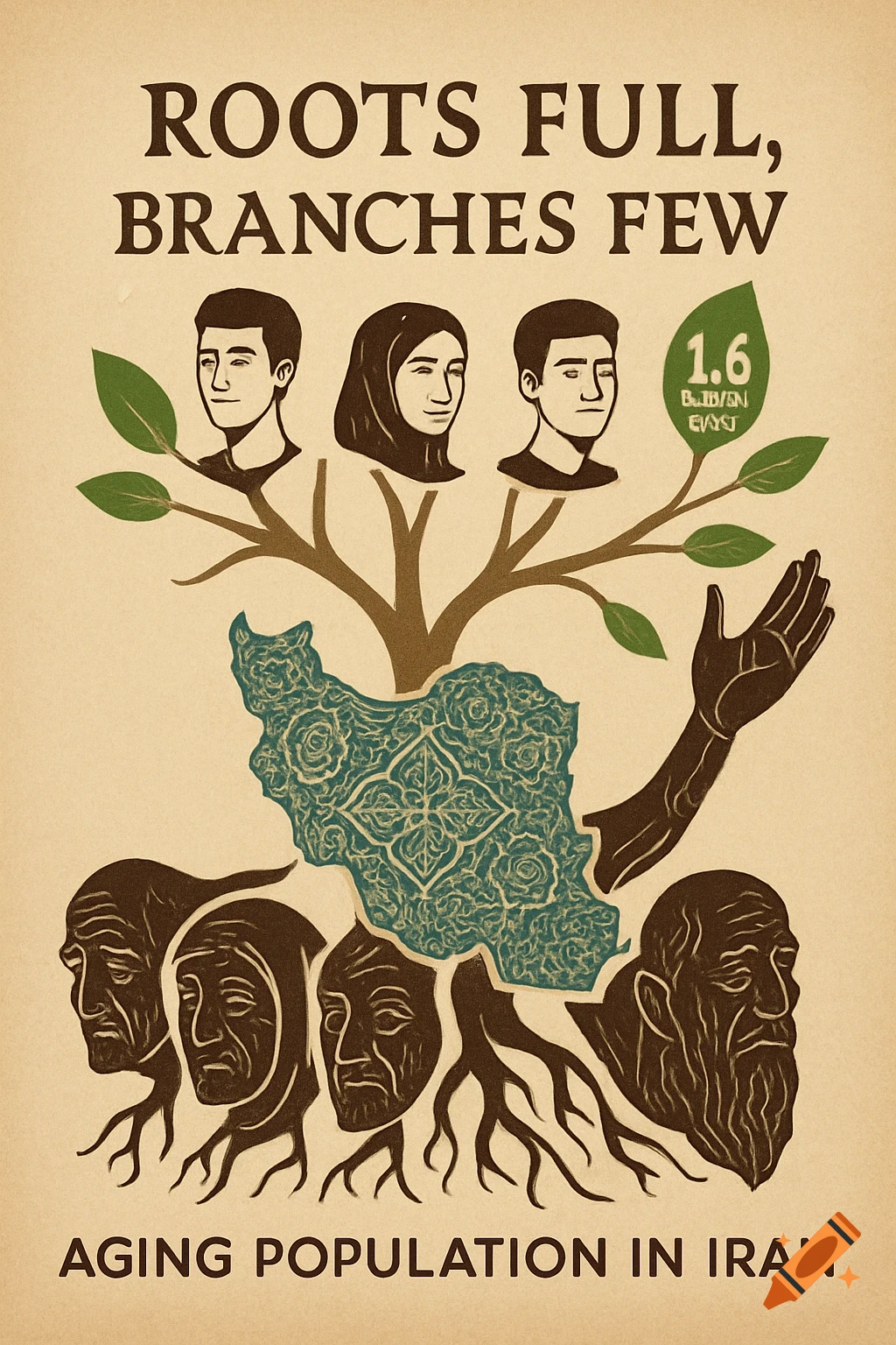 Poster showing a tree with old faces as roots and young faces as branches over a map of Iran, symbolizing population aging. Text: Roots Full, Branches Few.