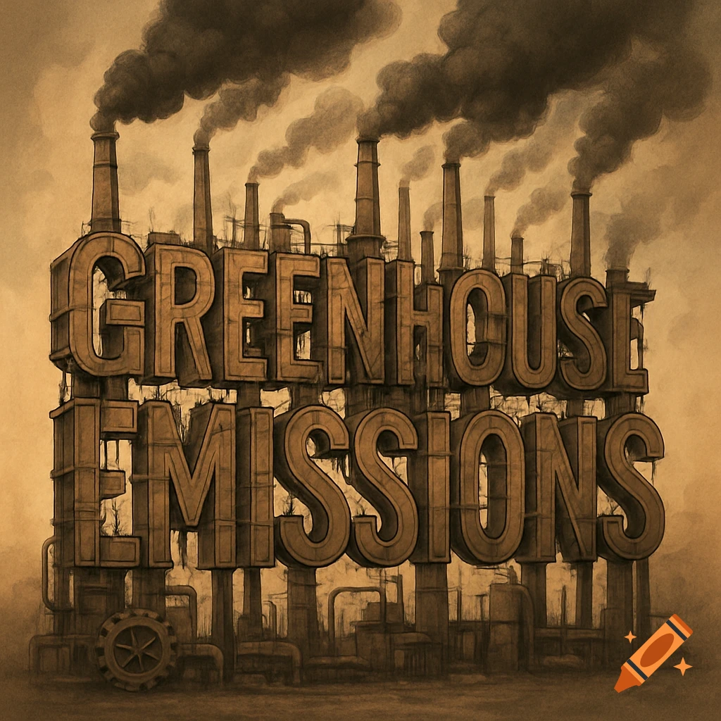 Large text "GREENHOUSE EMISSIONS" made of factory parts, with smoking chimneys behind, in a brown, stylized illustration.