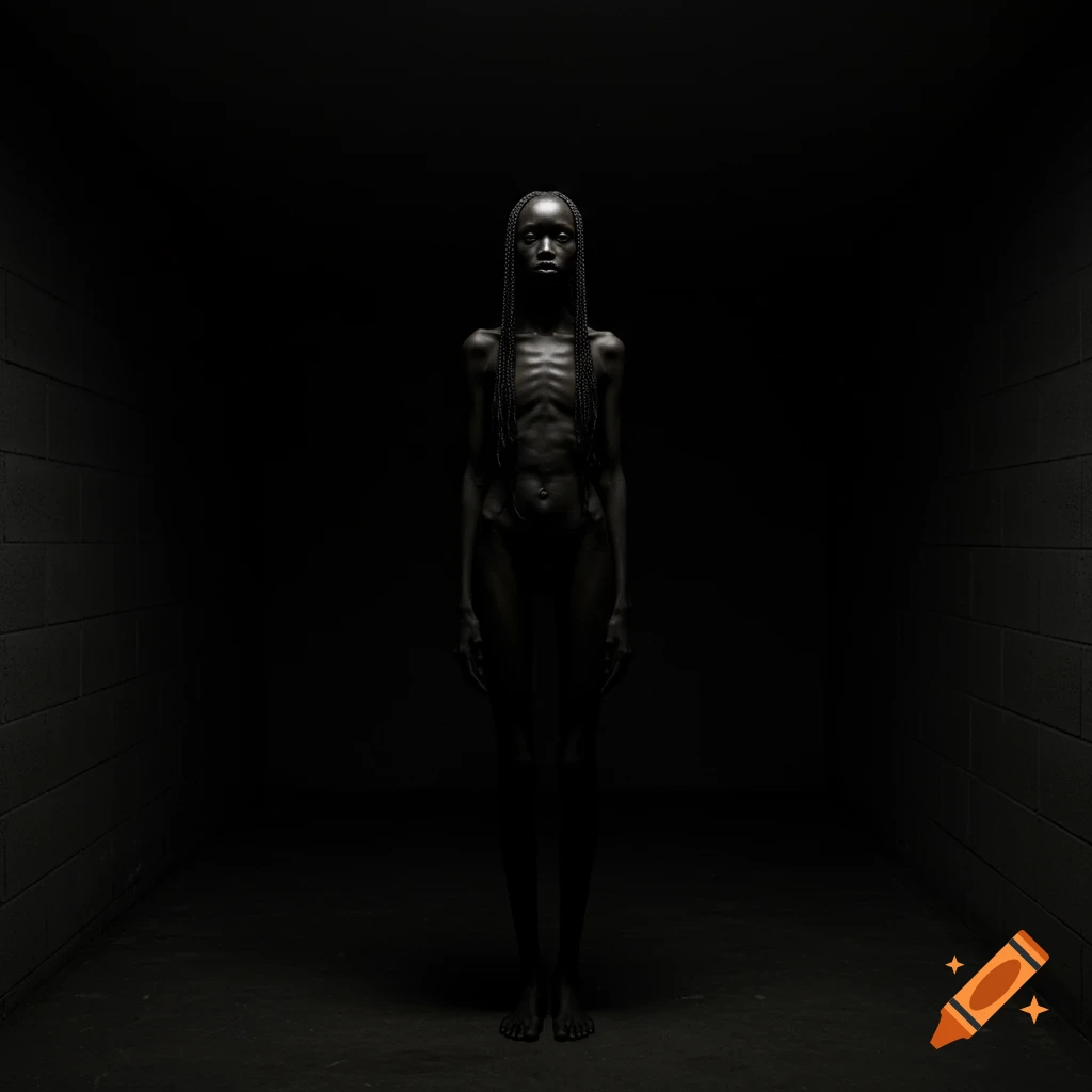 A very thin woman with braided hair stands in a dark, high-contrast room.