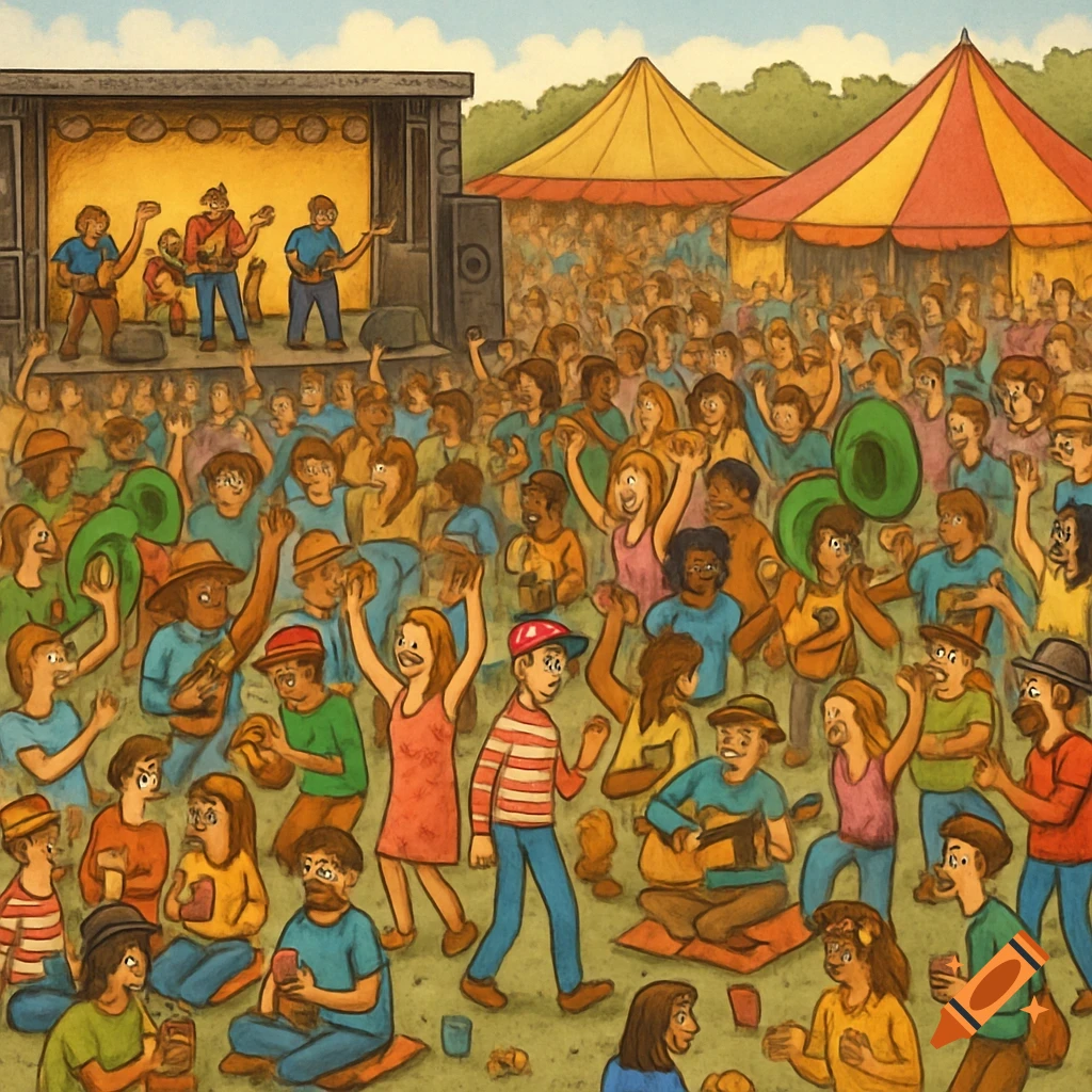 A busy illustration of a crowd watching a band on stage at an outdoor music festival, in a children's book style.