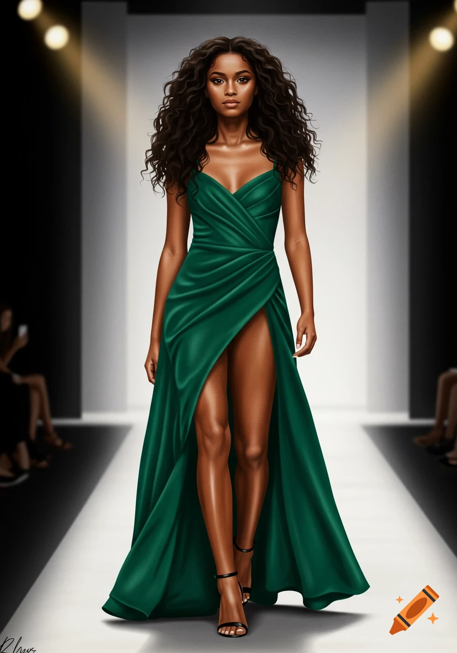 Illustrated woman in a green dress with a high slit walking on a ...