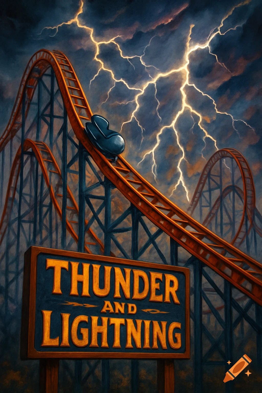 Illustrative painting of a rollercoaster named Thunder and Lightning during a thunderstorm with lightning.