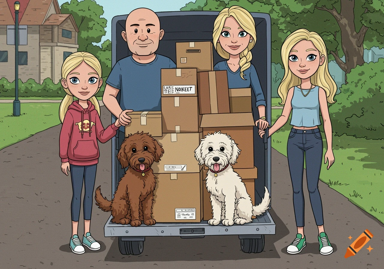 Cartoon image of a family with two dogs standing by a moving truck loaded with boxes.