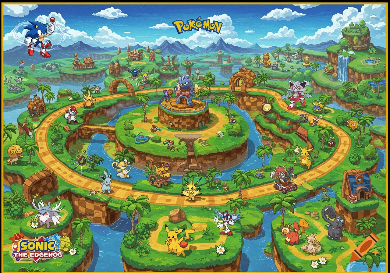 Cartoon map blending Sonic and Pokemon worlds with various characters.