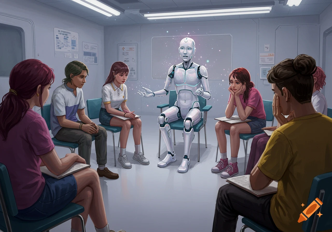 A robot sits in a chair counseling a group of students seated around it in a room.