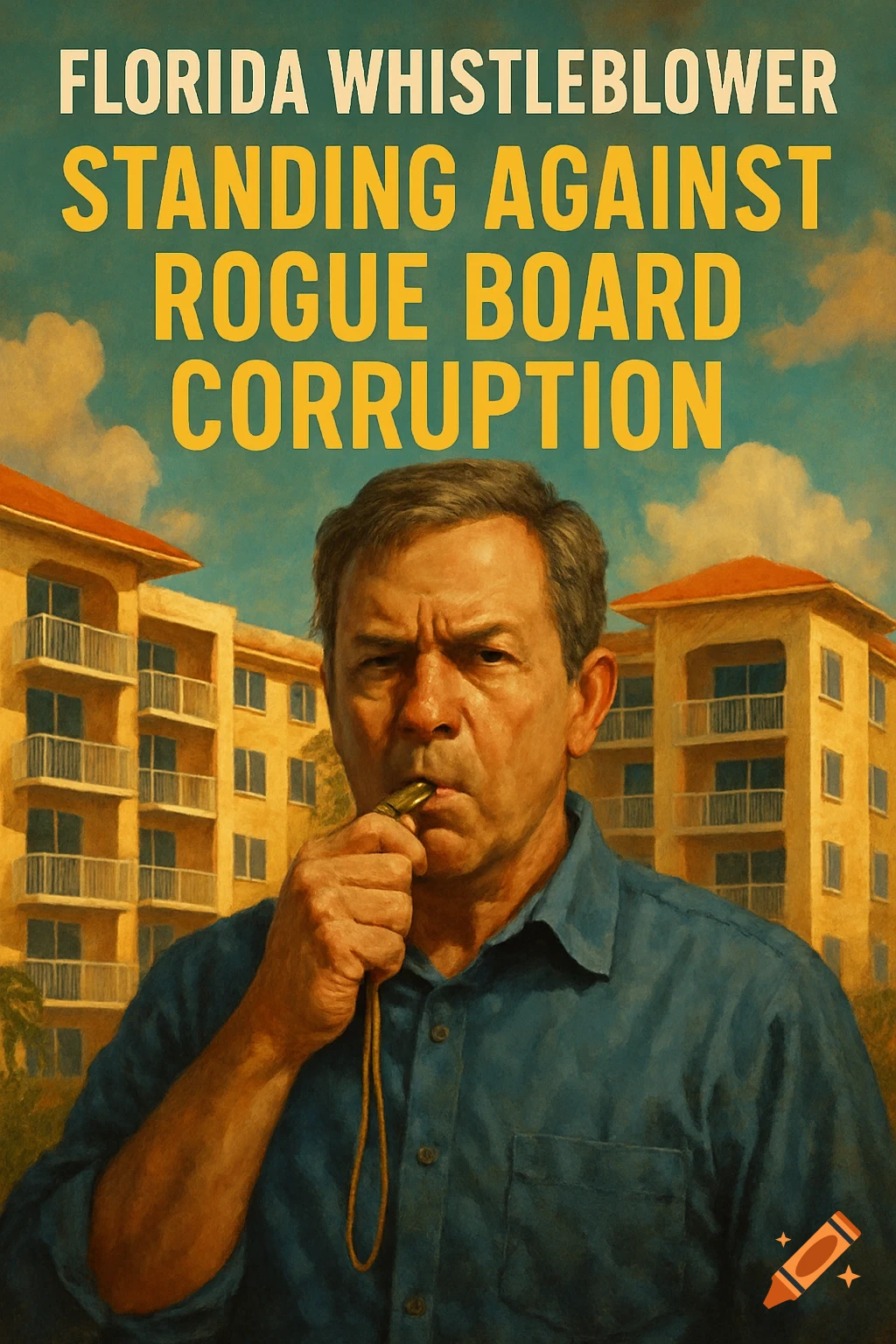 Illustration of a man blowing a whistle in front of buildings with the text 'Florida Whistleblower Standing Against Rogue Board Corruption'.
