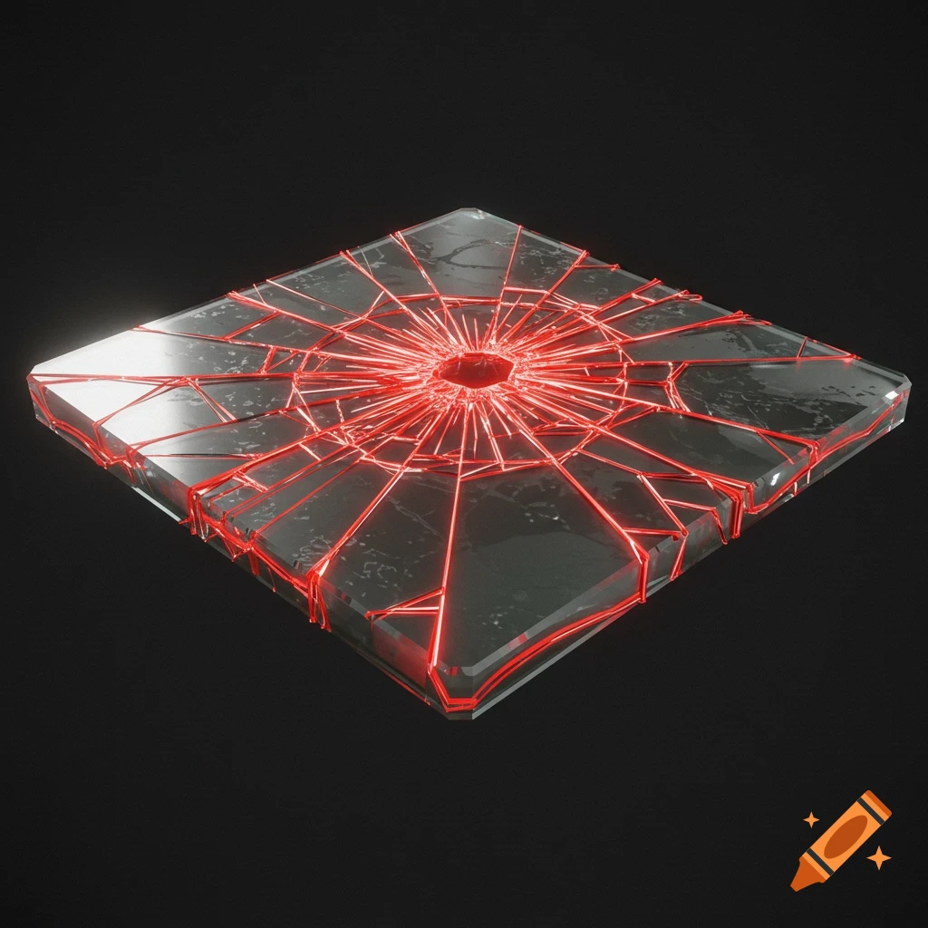 3D render of a broken glass tile with glowing red cracks on a black background.