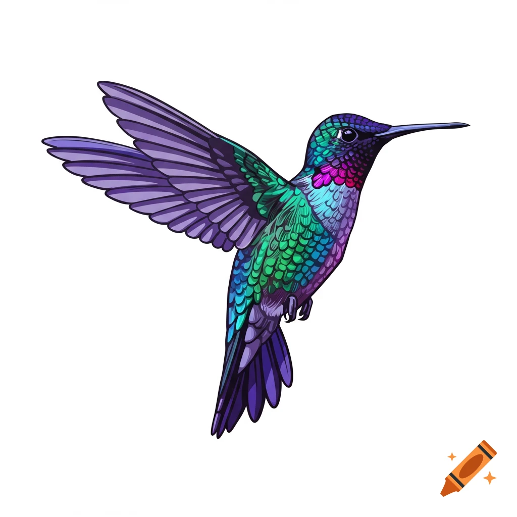 A colorful vector illustration of a hummingbird in flight.