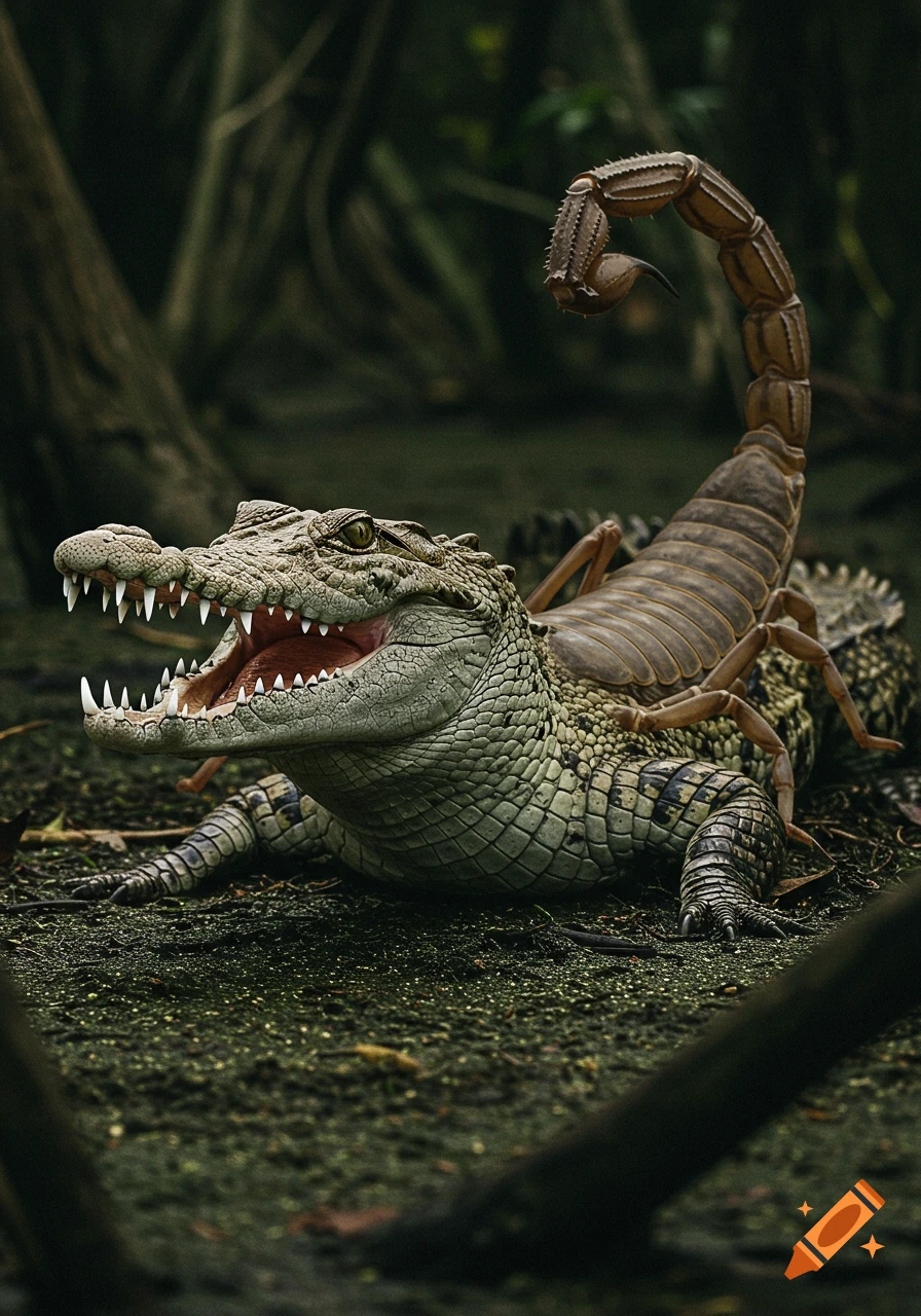 Photorealistic image of a creature that is part crocodile and part scorpion, in a dark jungle.