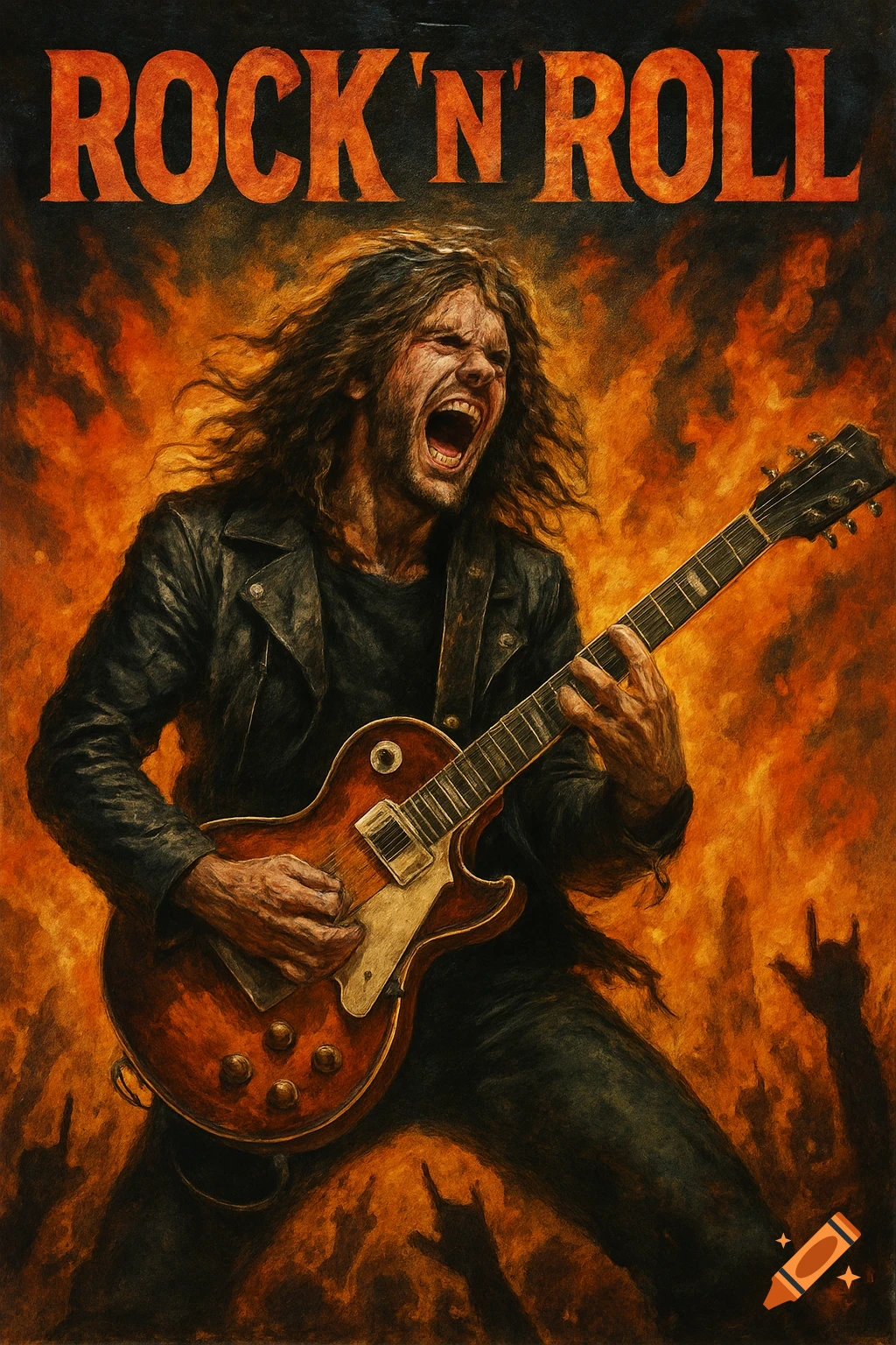 Dramatic illustration of a rock musician playing guitar in fire, with hands making rock symbols and the text ROCK'N'ROLL