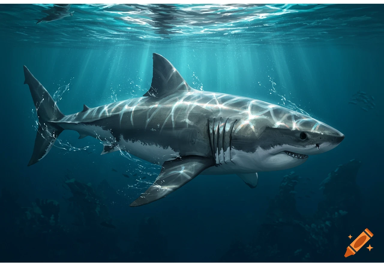 Illustration of a great white shark swimming underwater with sunlight patterns