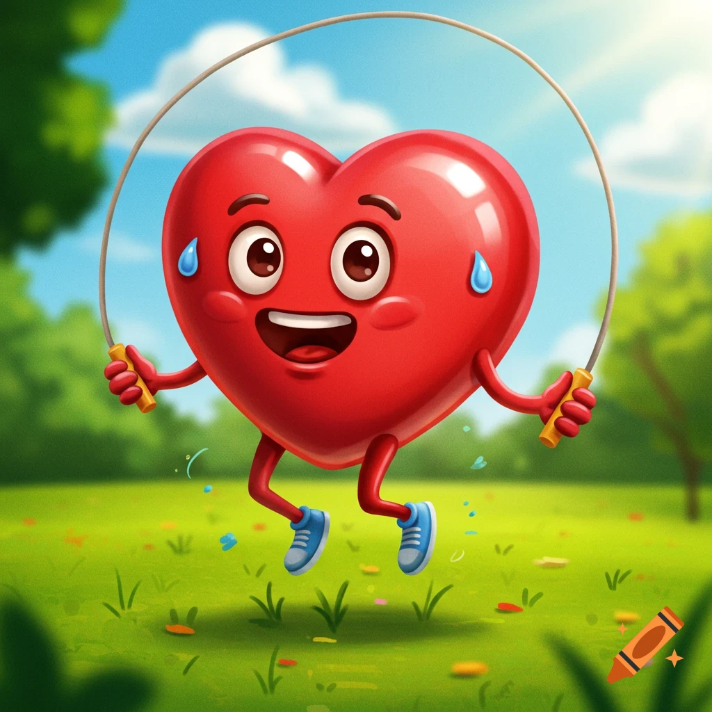 A cartoon heart character smiles while skipping rope in a sunny park.